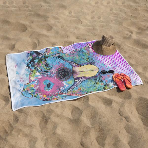 Strandtuch, Badetuch, Saunatuch mit buntem Hundemotiv in digitaler Popart mit Hunde Motiv Momo